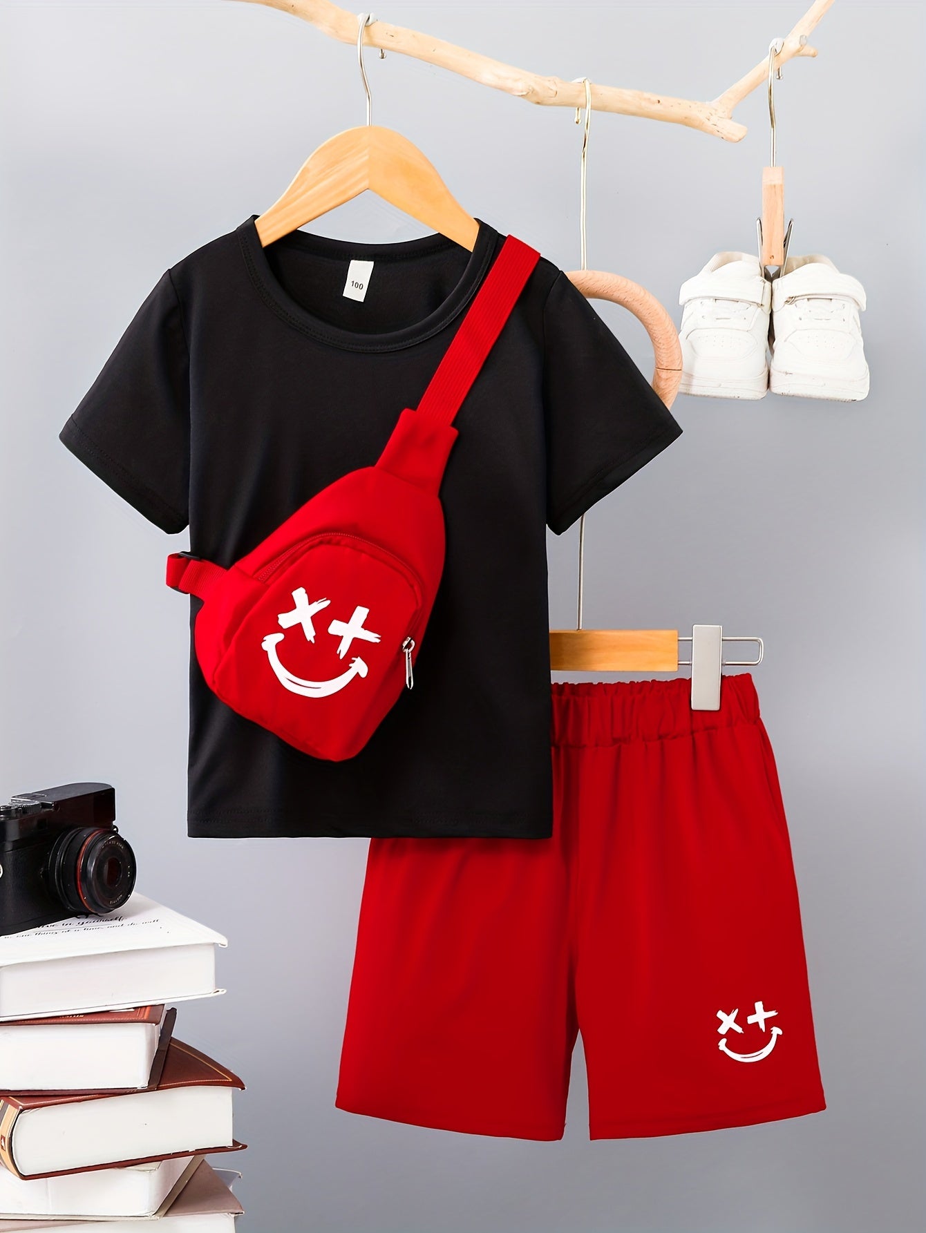 3-Pack Boys Trendy Summer Outfit - Soft Cotton Blend Solid T-shirts with Fun Smile Face Shorts & Handy Crossbody Bag - Comfortable, Lightweight, Perfect for Playtime - Snug & Style