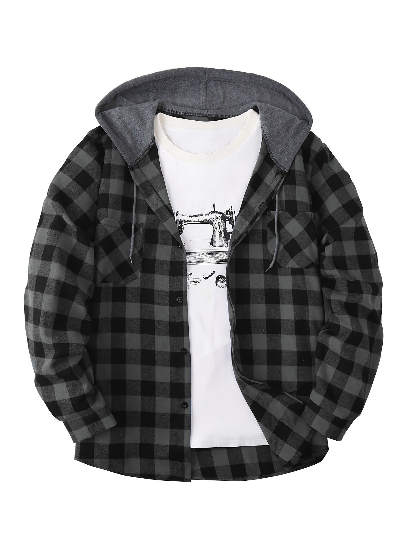 Long Sleeve Casual Regular Fit Button Up Hooded Shirts Jacket, Plaid Shirt Coat For Men - Snug & Style