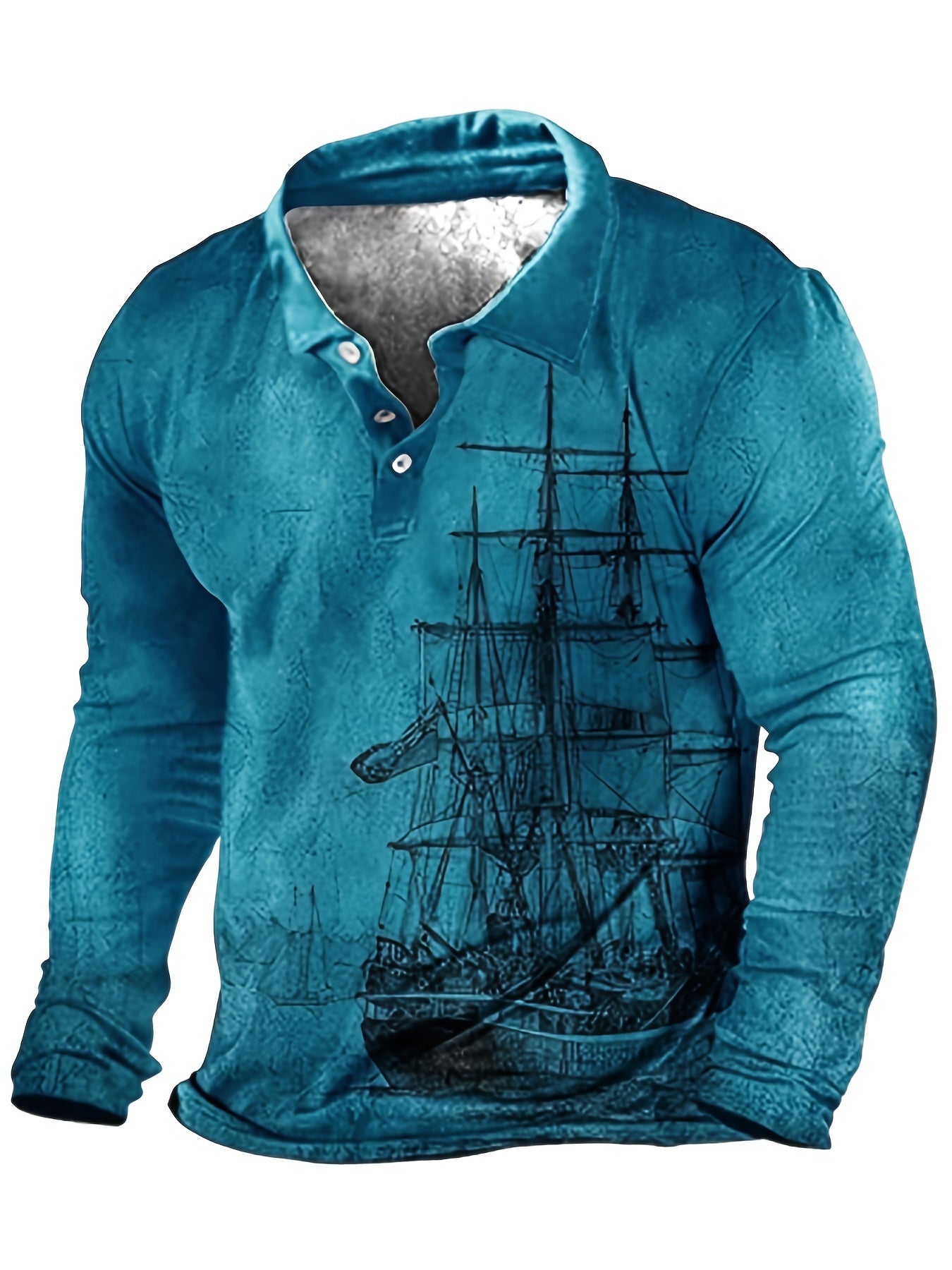 Plus Size Mens Fashion 3D Sailboat Print Lapel Shirt - Oversized Long Sleeve Golf Inspired - Premium Comfort for Spring/Autumn Wear - Trendy Casual Clothing for Males - Snug & Style