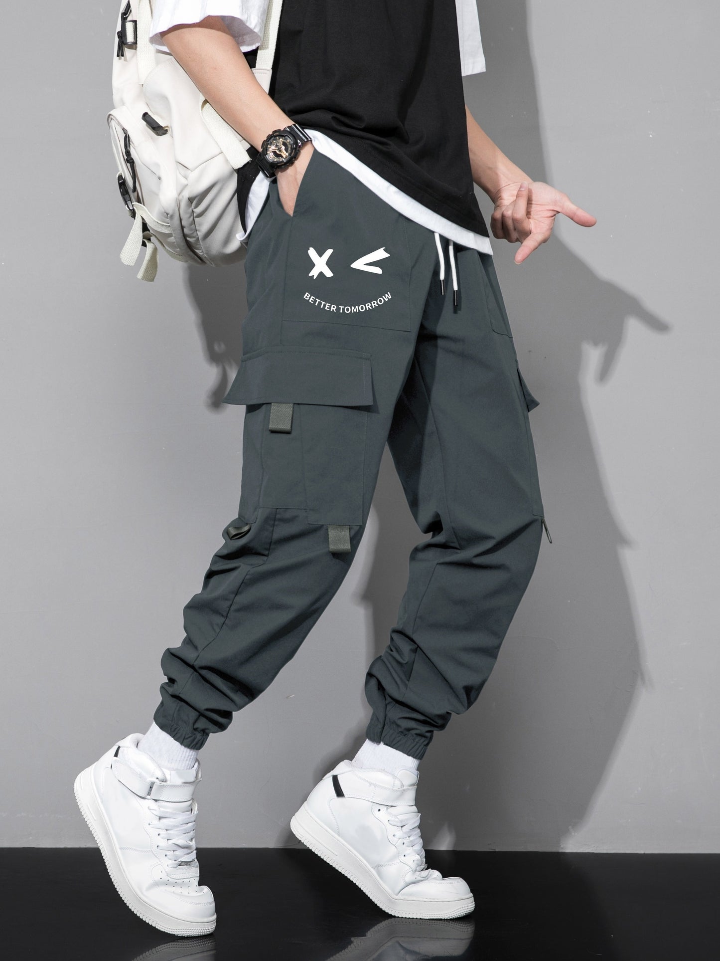 Mens Fashion-Forward Solid Cargo Pants - Abundant Flap Pockets, Loose Fit Drawstring Trousers - Durable Outdoor Work to Streetwear Hip Hop Style - Snug & Style