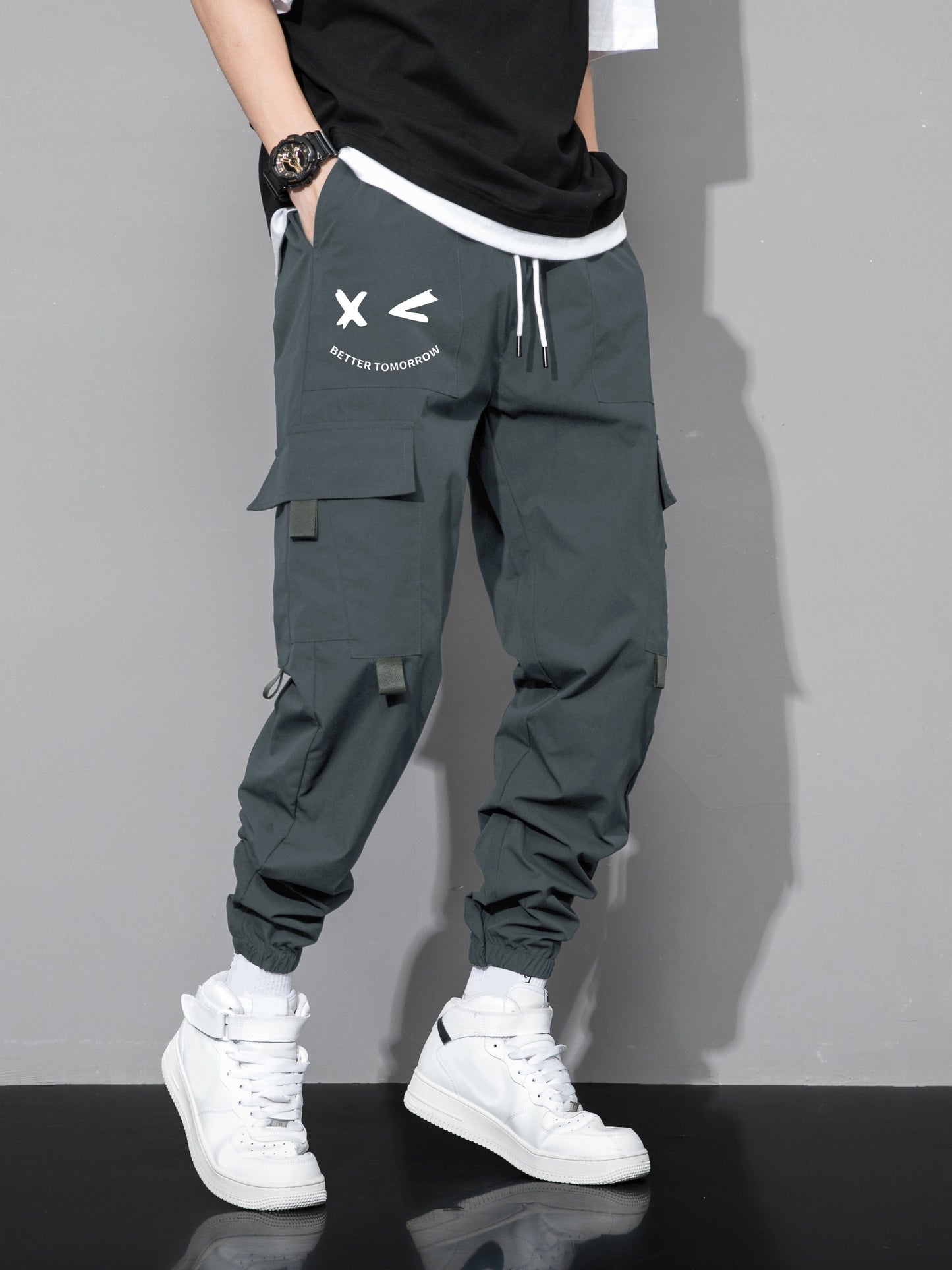 Mens Fashion-Forward Solid Cargo Pants - Abundant Flap Pockets, Loose Fit Drawstring Trousers - Durable Outdoor Work to Streetwear Hip Hop Style - Snug & Style
