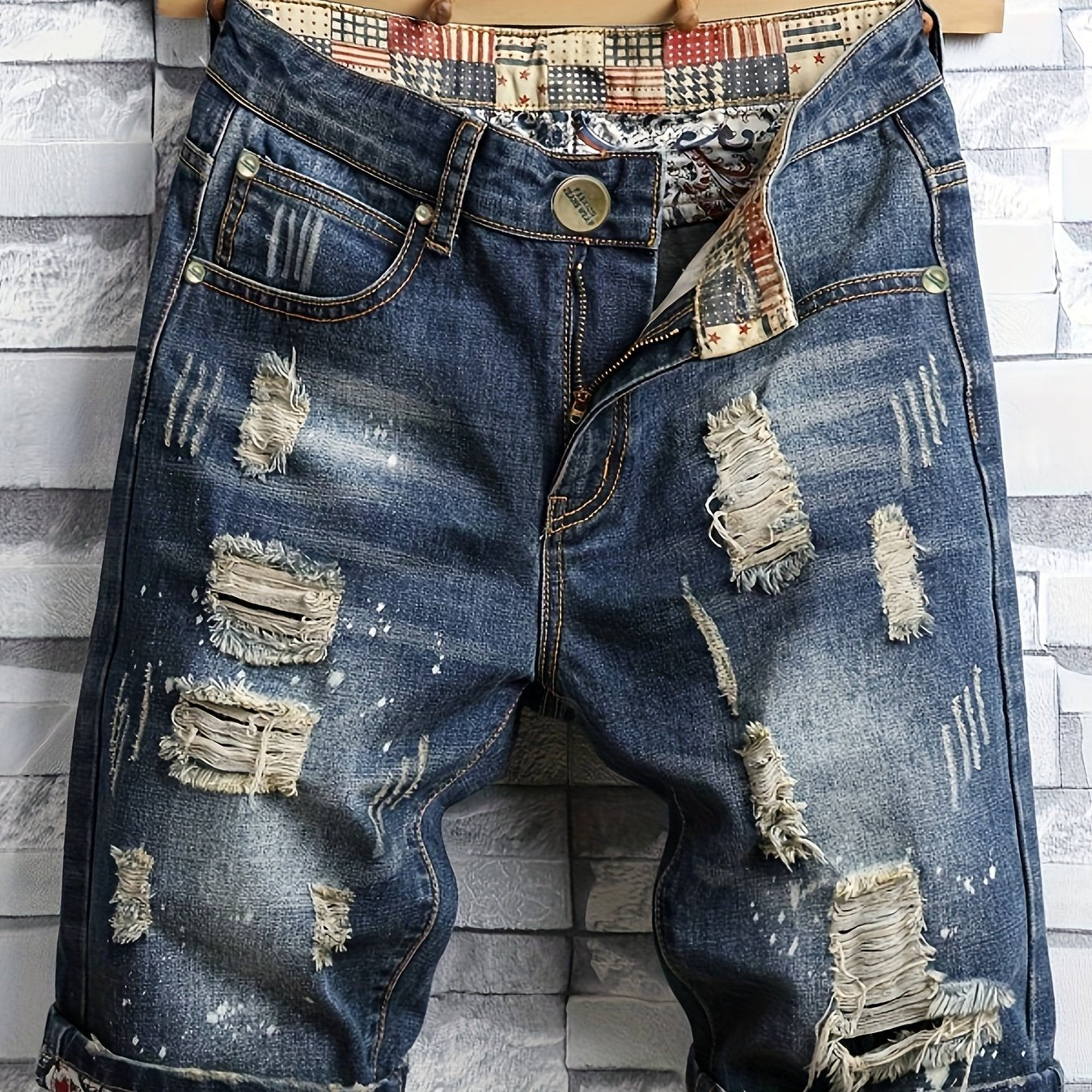 Mens Fashion-Forward Ripped Denim Shorts - Comfortably Loose Fit, Timeless Solid Hue with Trendy Distressed Details, Packed with Practical Pockets, Super Breathable for Summer Outdoor Adventures - Snug & Style